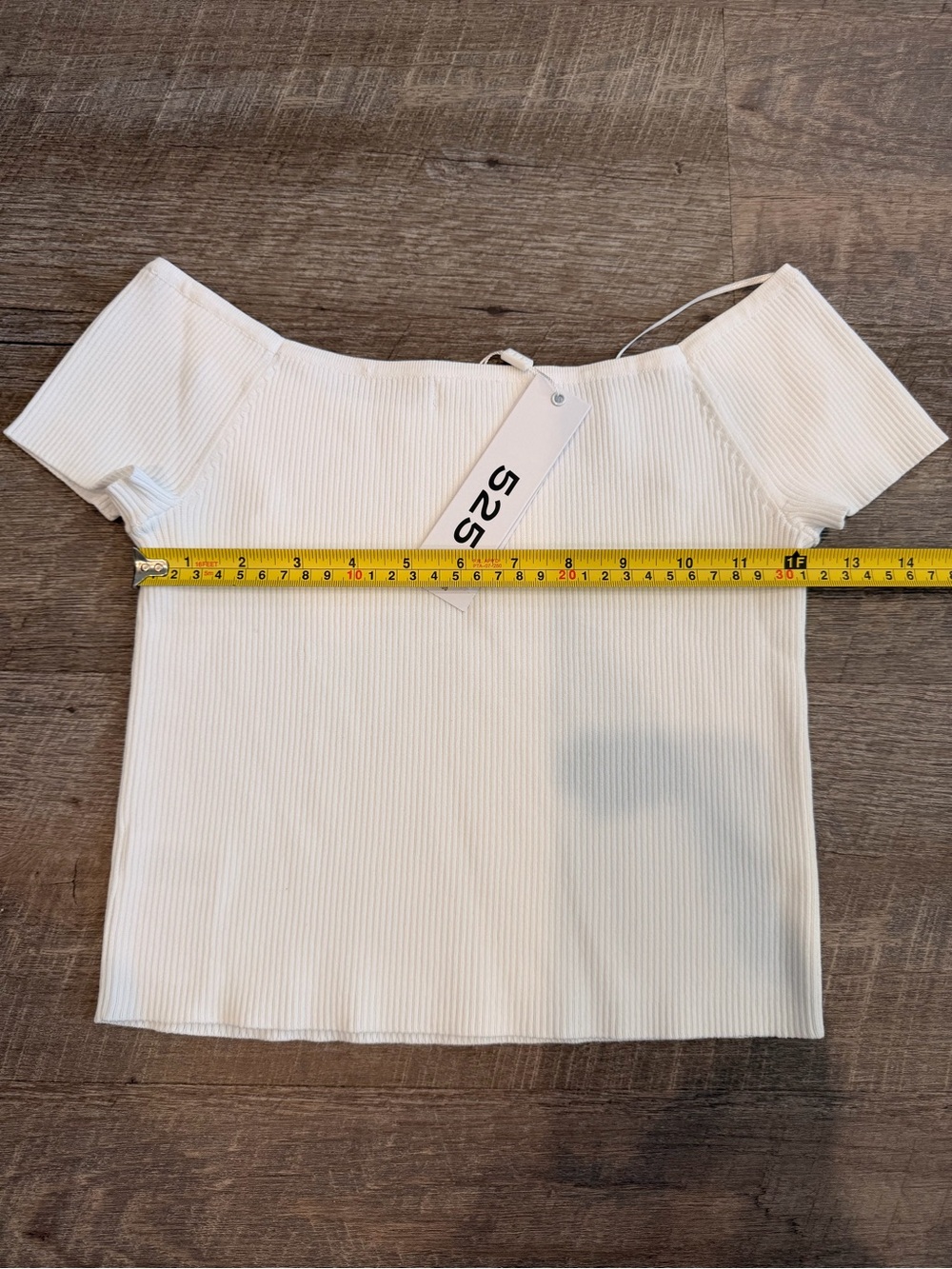 NWT 525 Off-The-Shoulder Ribbed Knit Crop Top White Sz S Soft Stretch Minimalist - Picture 5 of 6